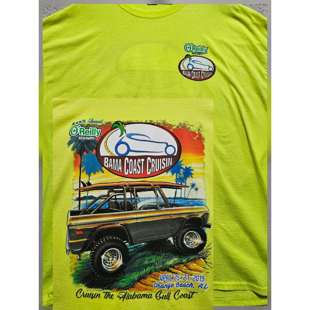 Gildan Ultra Cotton Mens 3XL Neon Yellow OReilly Bama Coast Cruisin 2019 T Shirt